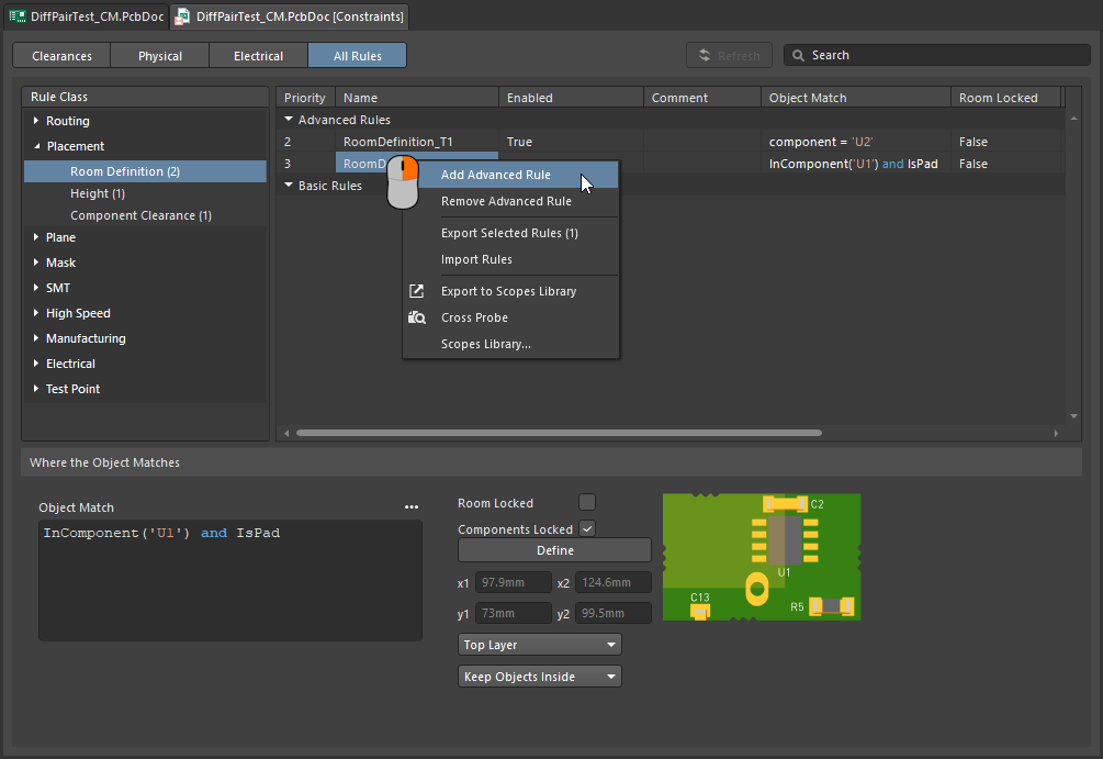A new room constraint can be added in the Constraint Manager.
