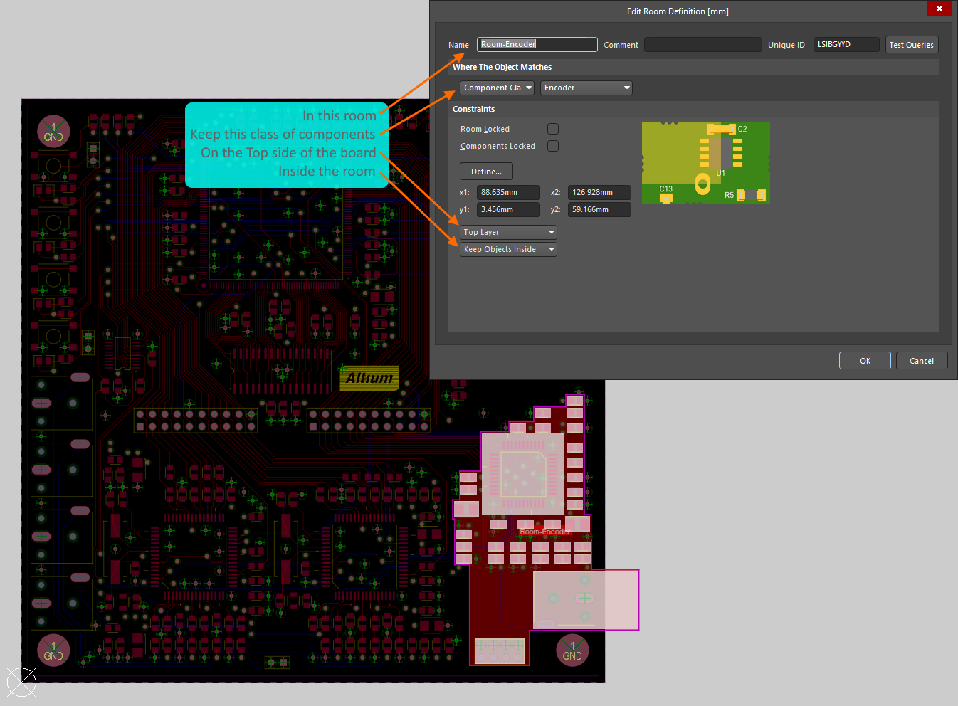 The Encoder class of components is constrained within the room called Room-Encoder, on the Top Layer of the board.