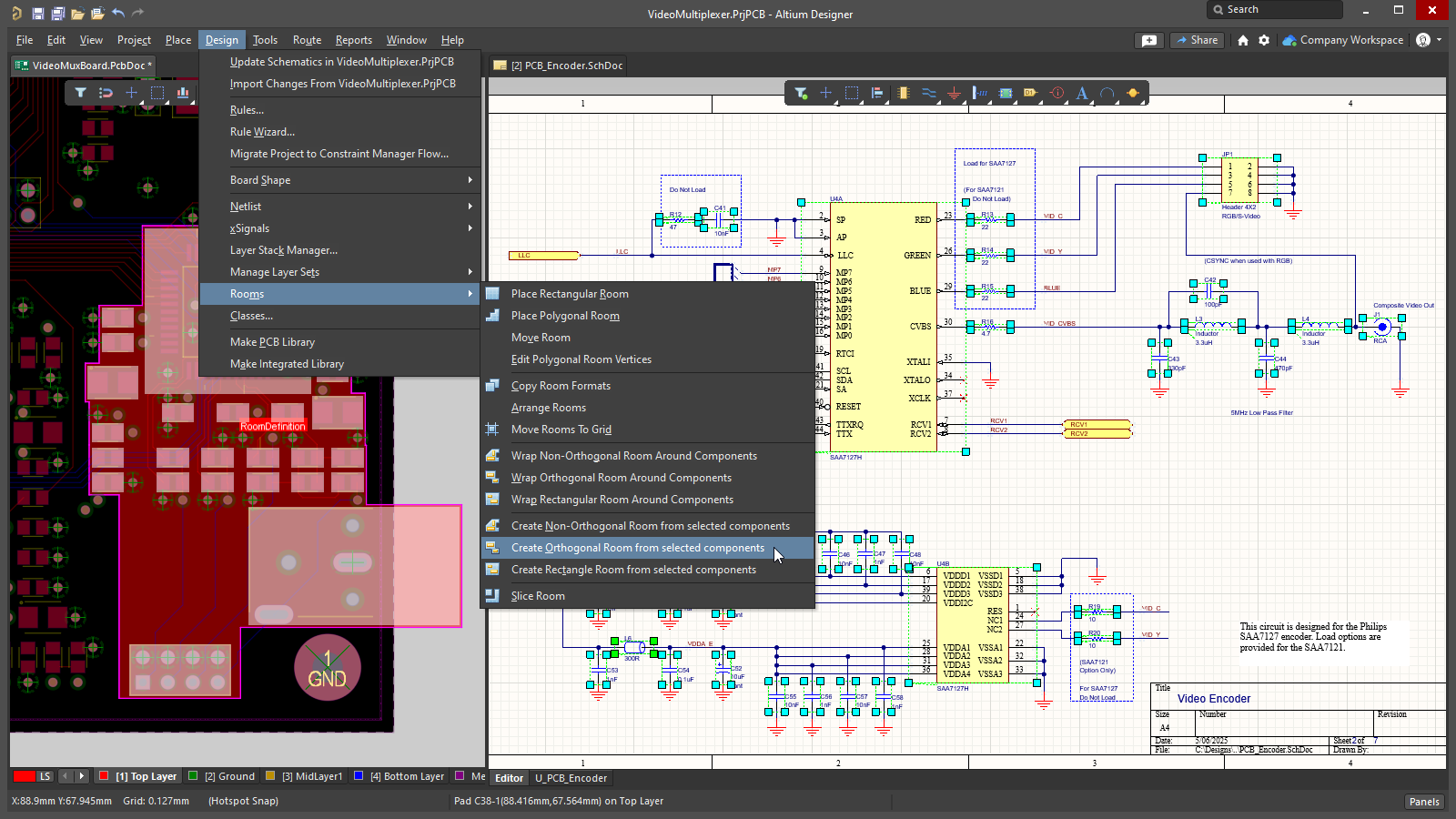 An orthogonal room is created from the selected PCB components, which were selected from the schematic.