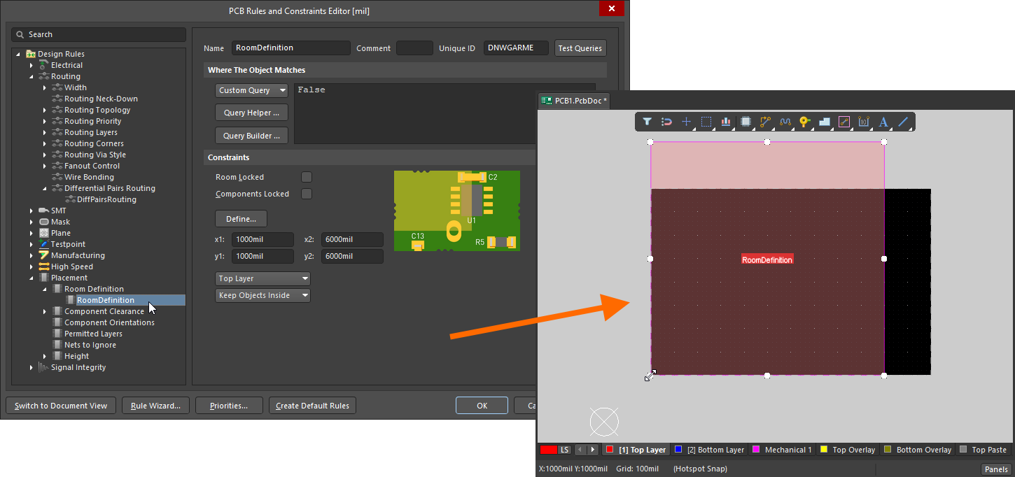 When a new room constraint is added, a default room is defined in the editing space.