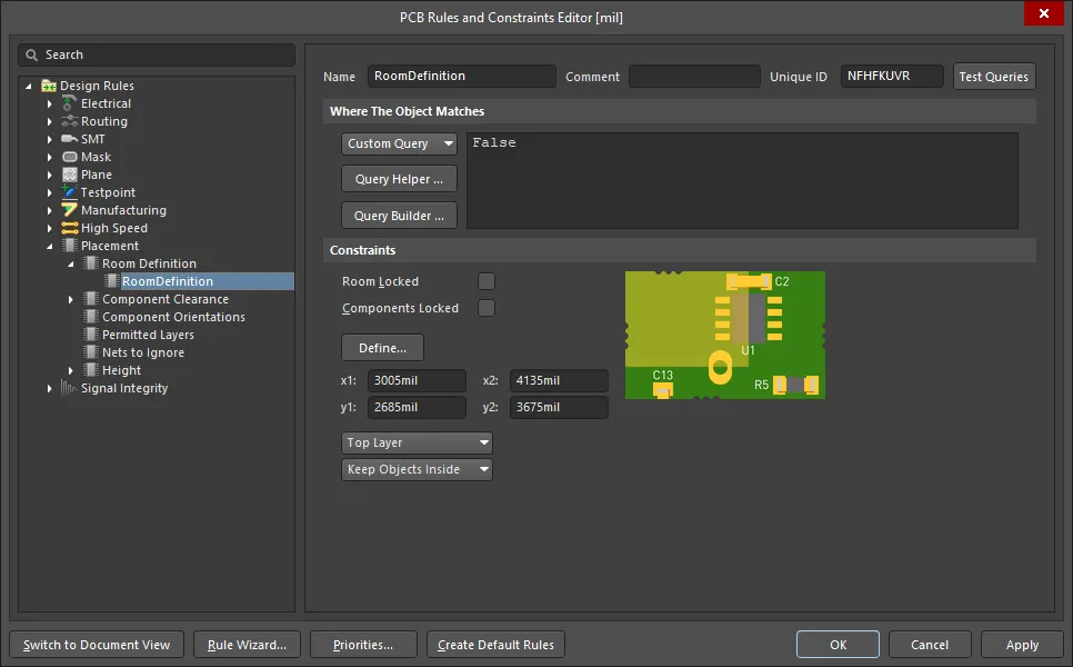 The newly created room definition. Note that the rule scope is False, meaning it applies to no objects.