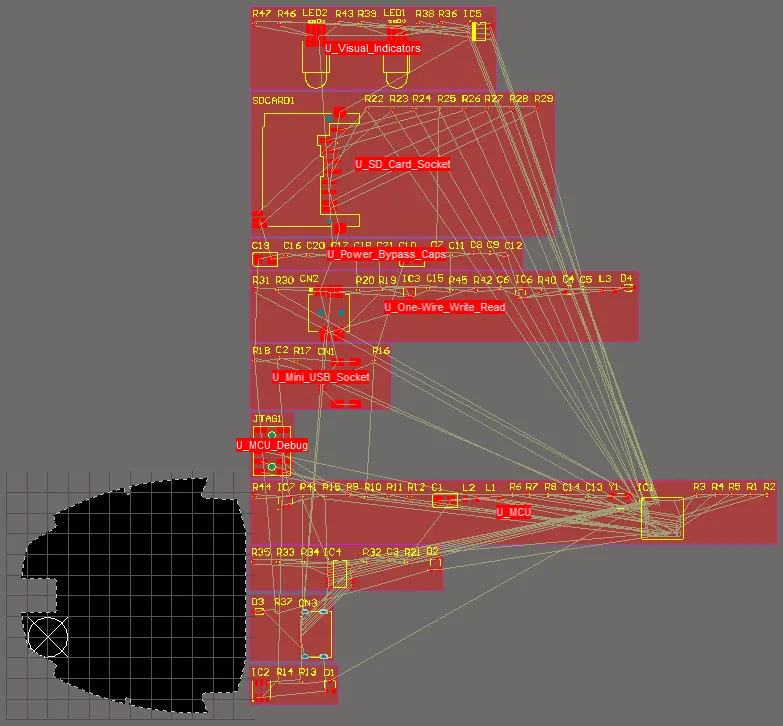 The PCB after initial design synchronization - a room has been created for each sheet, with that sheet's component class assigned to it.