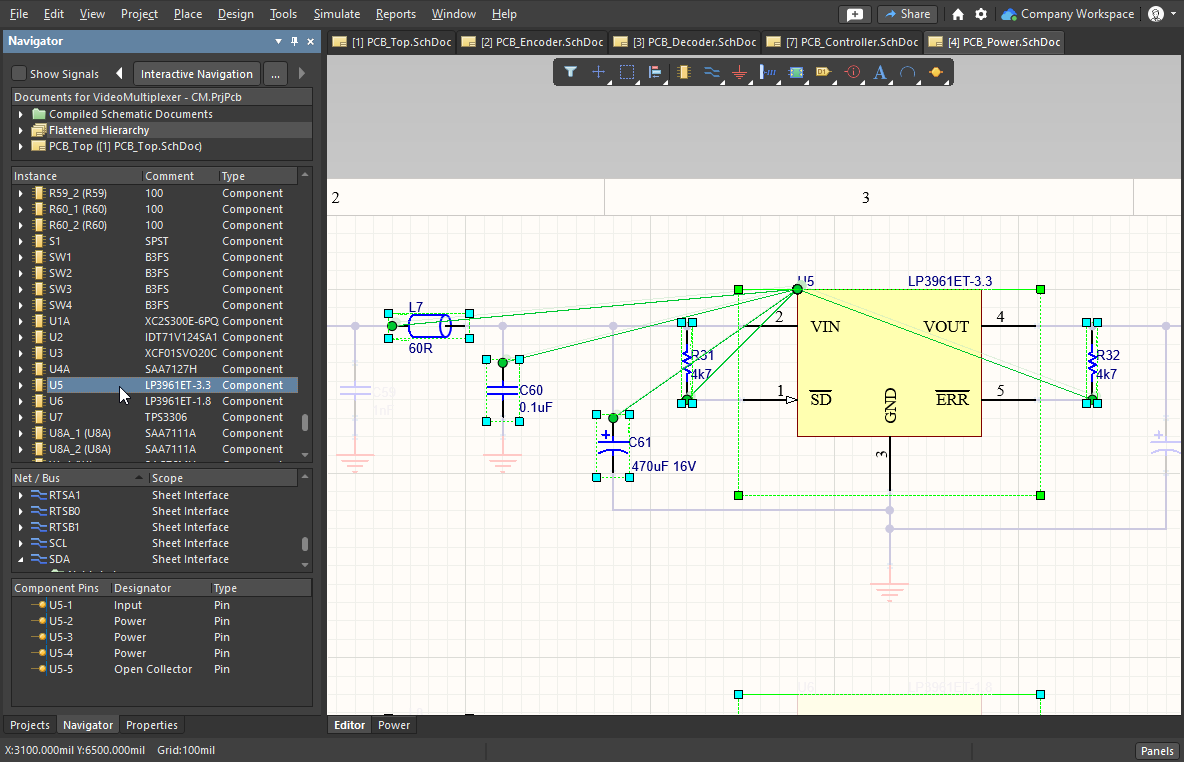 Because the Connective Graph is enabled, a green line is drawn to each component that is connected to the component selected in the panel.