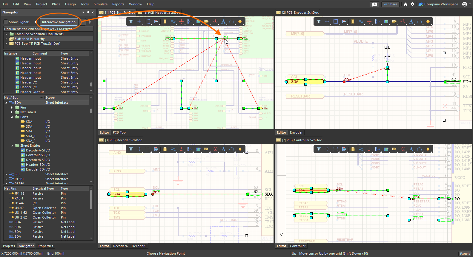 Invoke Interactive Navigation (button at the top of the Navigator panel), then click on an object on the sheet to locate that object in the panel, and across the rest of design.