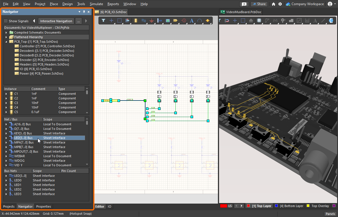 Use the Navigator panel as your view into the entire design. Hold Alt as you click in the panel to also locate that item on the PCB.