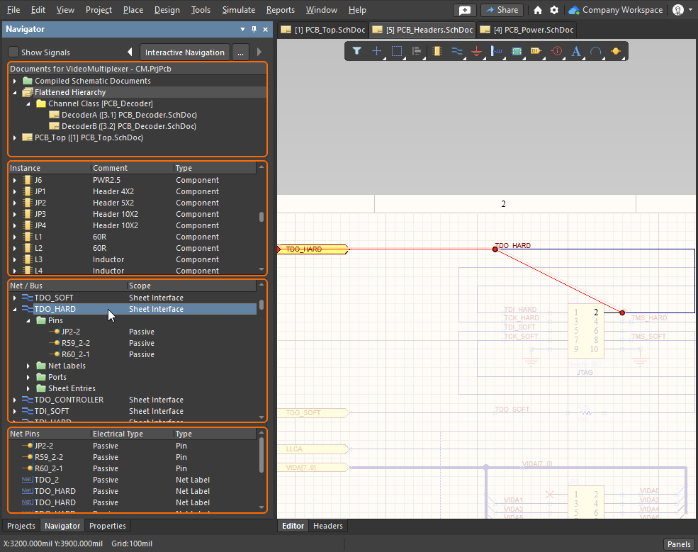 The Navigator panel presents a connective-centric view of the entire design.