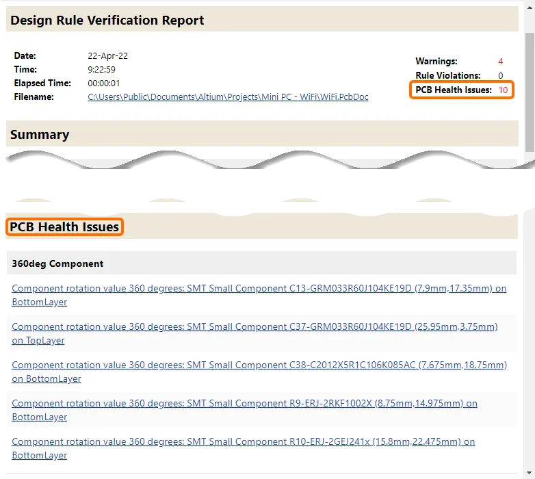 An example of the generated report when the Report PCB Health Issues option was enabled in the Design Rule Checker dialog An example of the generated report when the Report PCB Health Issues option was enabled in the Design Rule Checker dialog