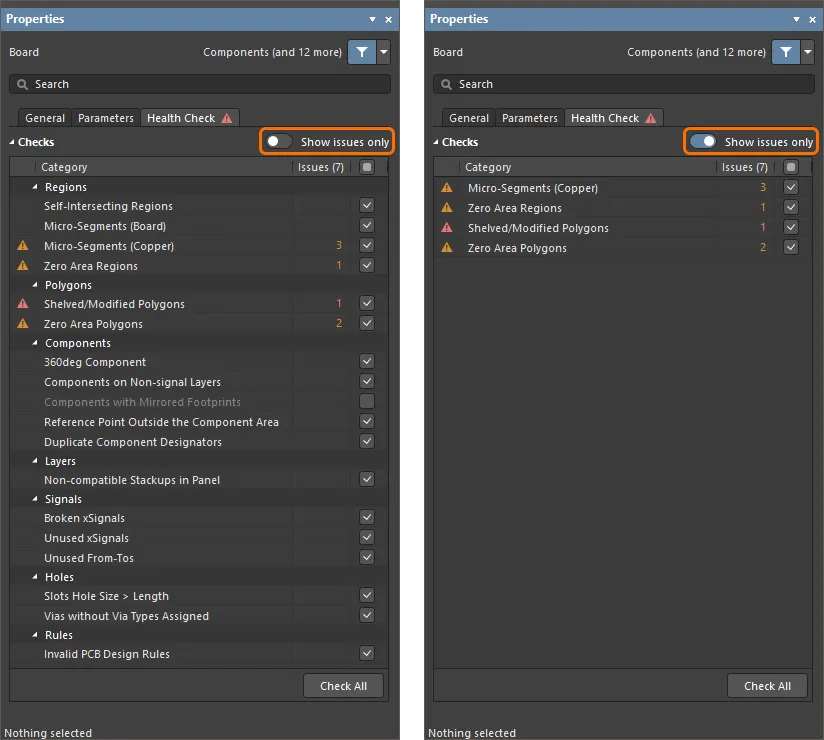 Use the Show issues only control to filter the checklist. Use the Show issues only control to filter the checklist.