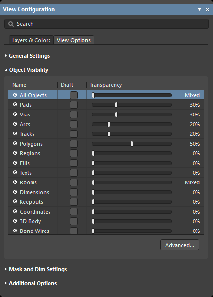 The Object Visibility section of the panel's View Options tab