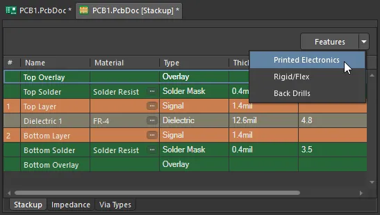 A new PCB defaults to two copper layers, separated by a dielectric layer.