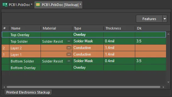When the Printed Electronics feature is enabled, the dielectric layer is removed.