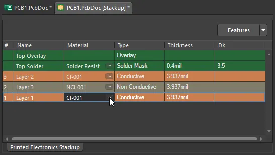 Use the ellipsis button to select the material to use for each printed layer.