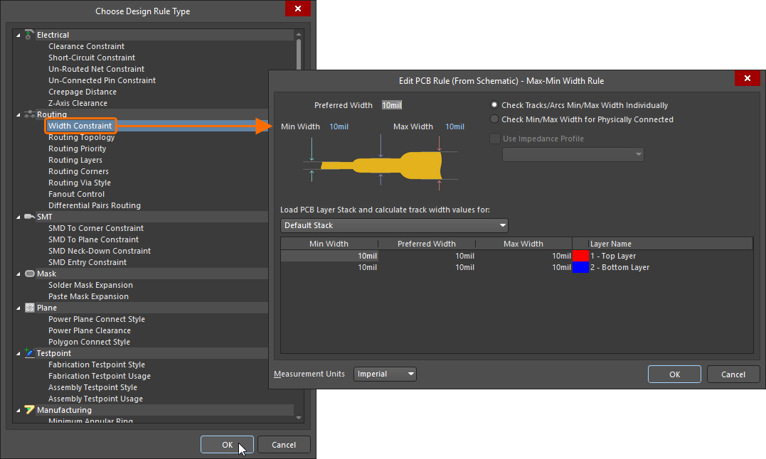 Specifying the constraints for a chosen rule.