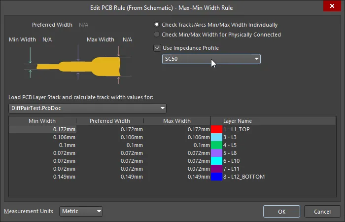 If the PCB exists and the layer stack has been defined, the calculated widths can be loaded into the schematic.