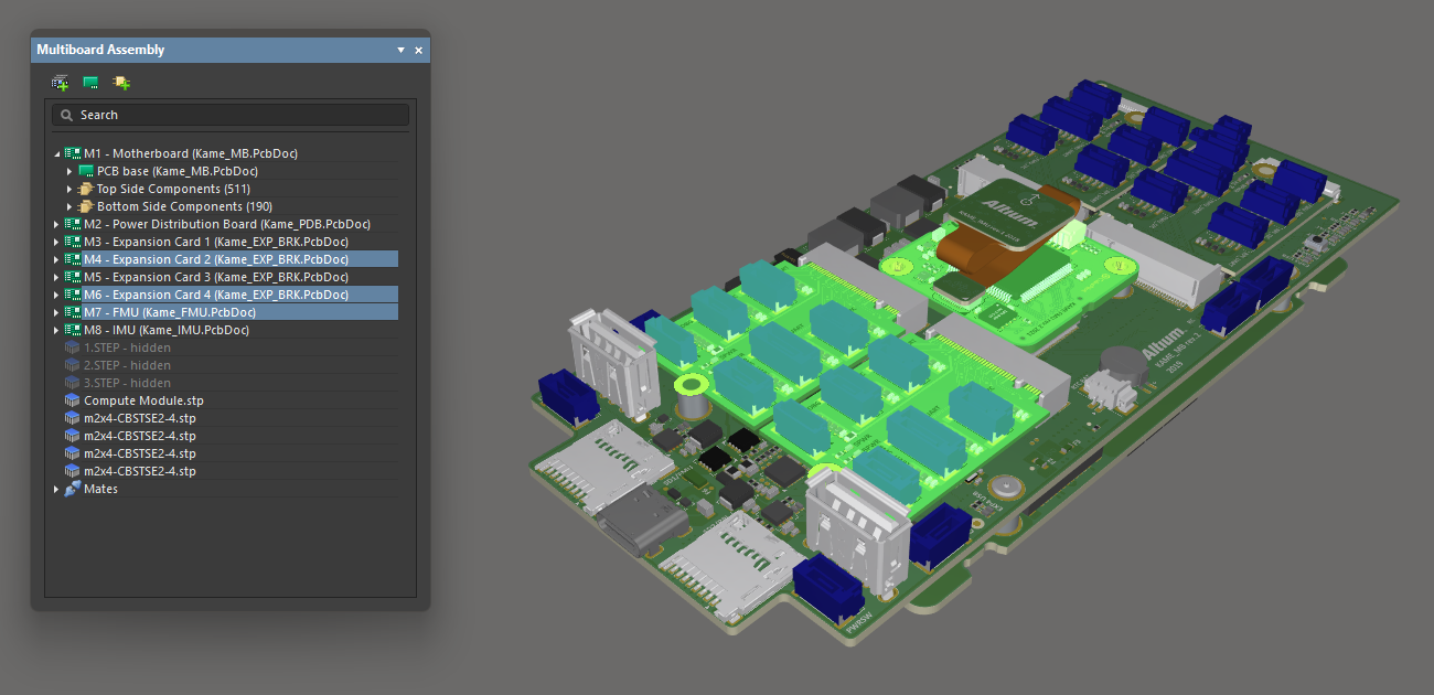 Three boards selected in the design space are also highlighted in the panel.