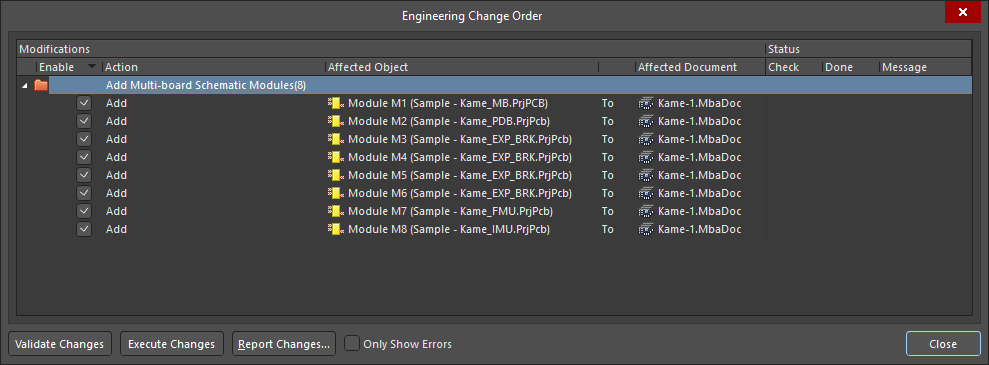 The board from each PCB project is listed as an ECO modification and is loaded into the multi-board Assembly editor when the ECOs are executed.