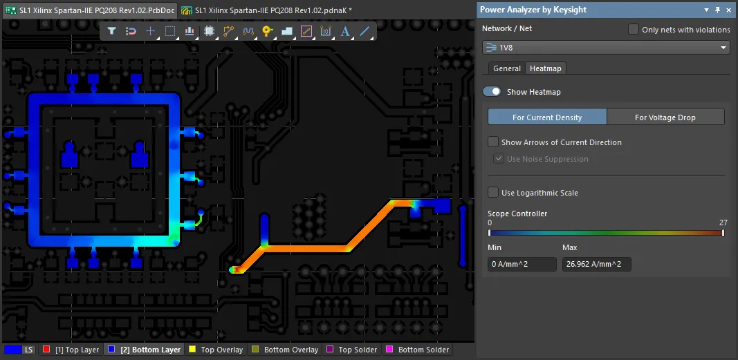 Use the Heatmap tab of the Power Analyzer by Keysight panel to change simulation results presented on the PCB. Here, the Current Density results are displayed. Hover the cursor over the image to see the Voltage Drop results.