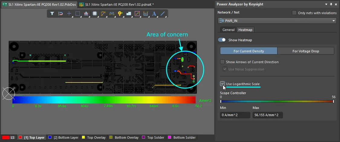 Logarithmic current density heatmap shows an area of concern, hover your cursor over the image to show that area displayed using the linear scale.