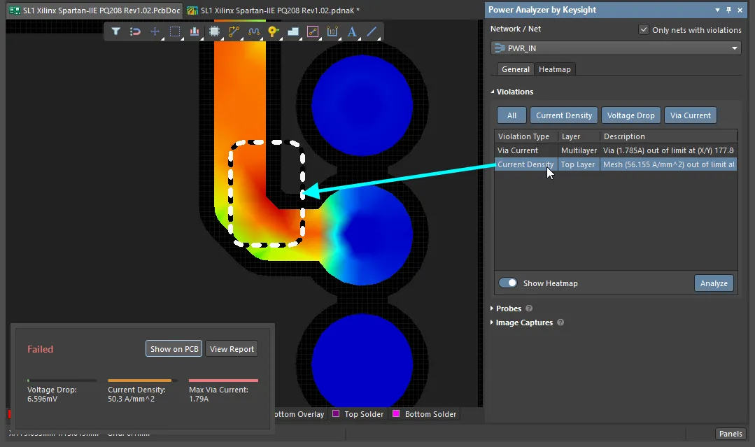 Violations are automatically detailed in the Violations section of the Power Analyzer by Keysight panel. Hover the cursor over the image to show a Via Current violation.