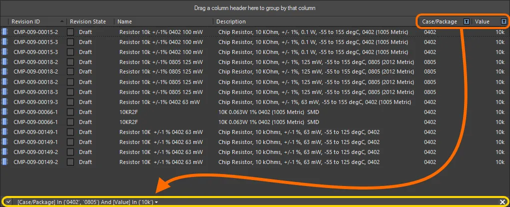 An example of column filtering in action.