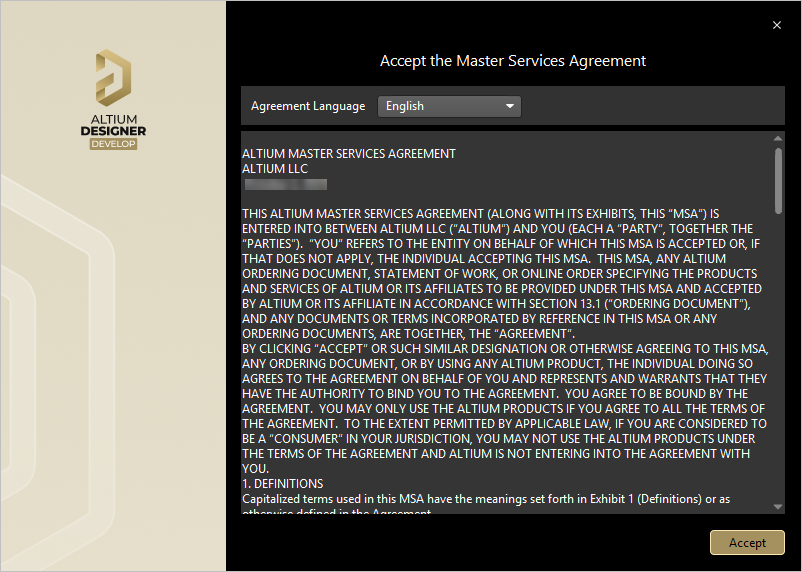 Read and accept the Master Services Agreement.