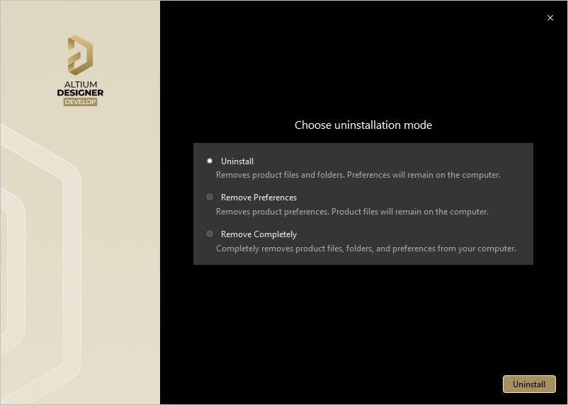 Uninstalling the software is streamlined, courtesy of the Altium Designer Develop Uninstaller.