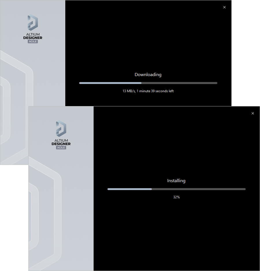 Installation commences by downloading the required set of install files. After the download is complete, the software is then installed.