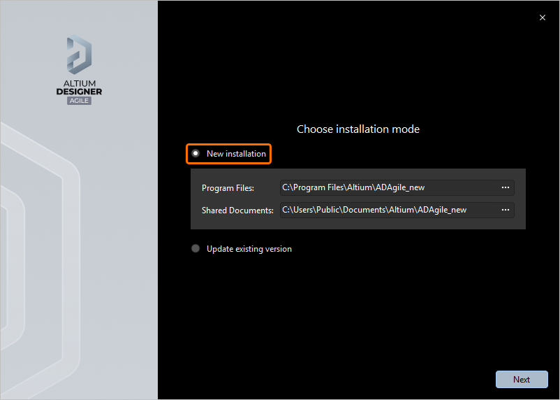 If you already have a previous installation of Altium Designer Agile, you can choose to install it as a separate unique instance by selecting the New installation option as the mode of installation.