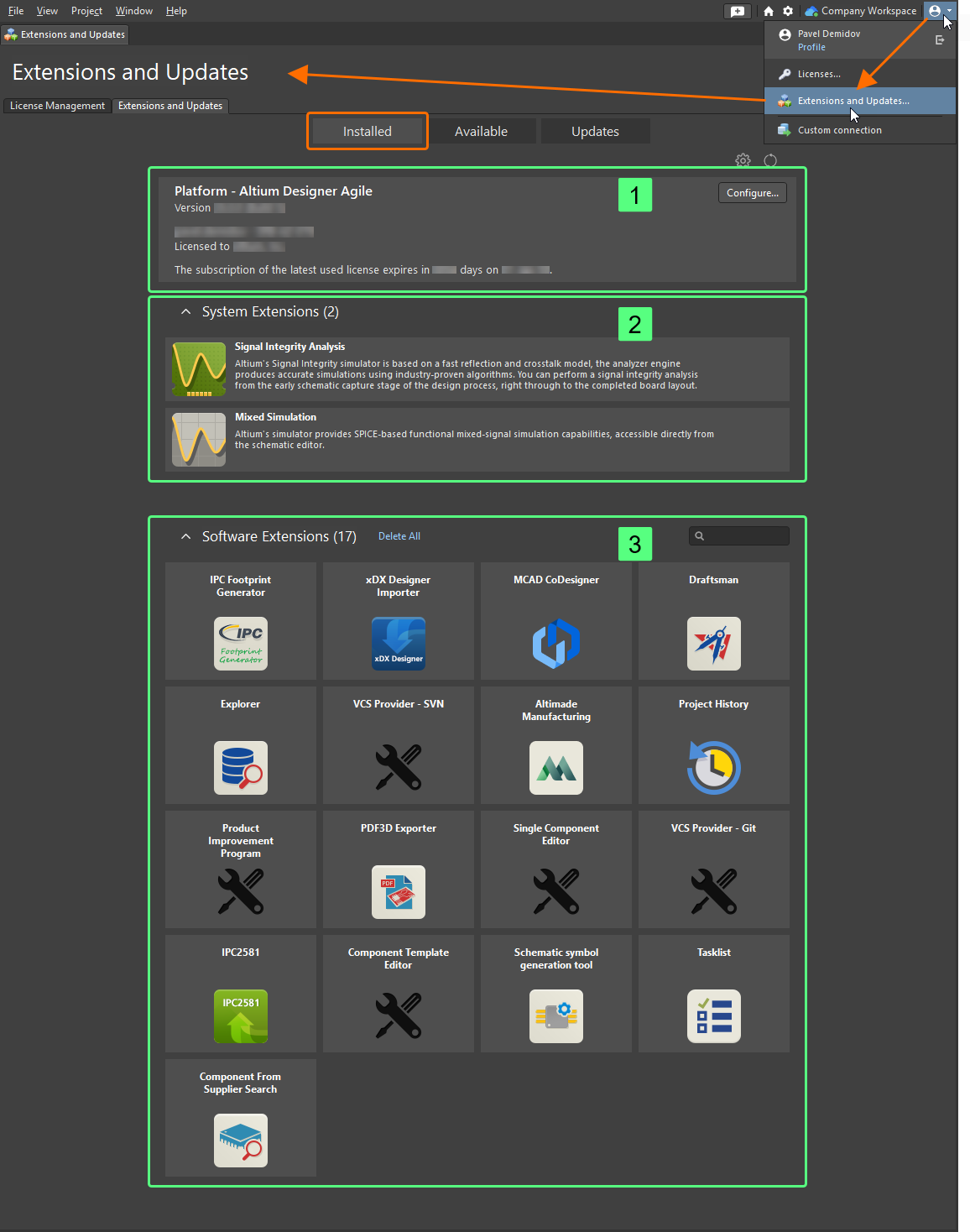 Access the Installed page of the Extensions and Updates page for a summary of what is currently installed in your instance of Altium Designer Agile.