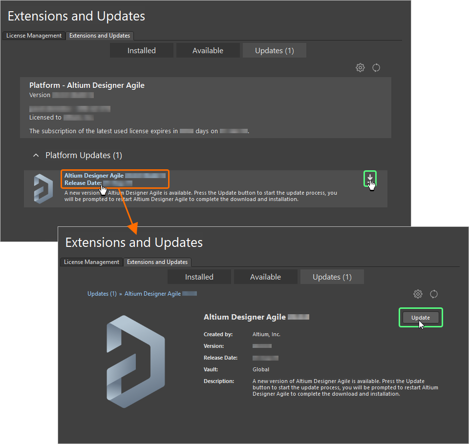Update to a new version of Altium Designer Agile directly from within the current version.