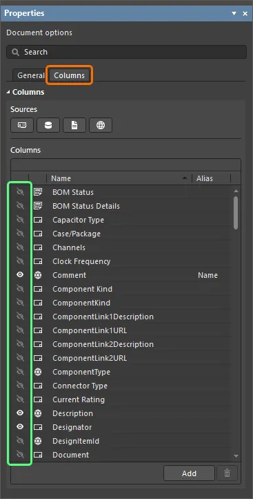 Configure visibility of data columns as required in the Properties panel.