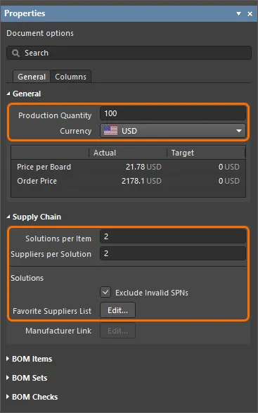 Configure options of the ActiveBOM document in the Properties panel.