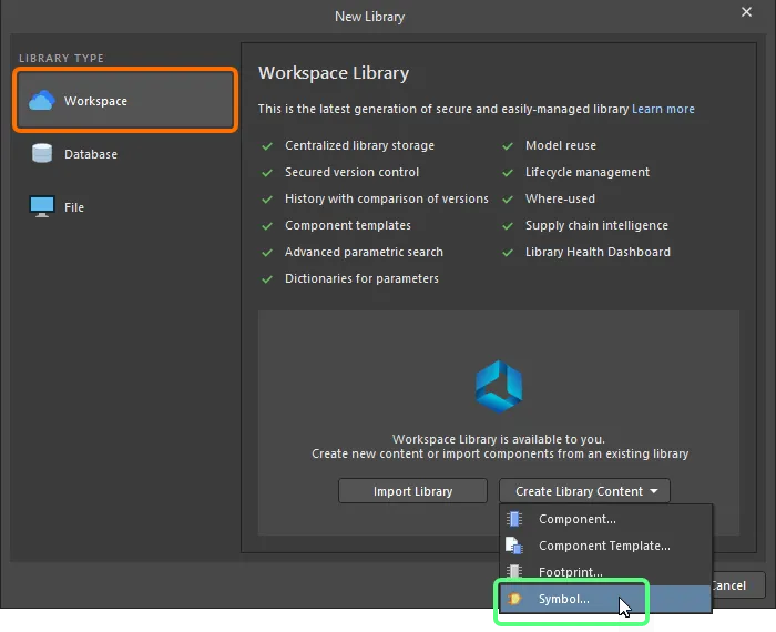 Create a new Workspace Symbol using the New Library dialog Create a new Workspace Symbol using the New Library dialog