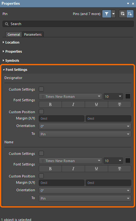 The Font Settings of the pin Designator and&nbsp;Name can be modified for individual pins if required.