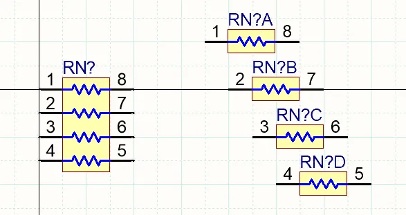 The same resistor network is shown as a single part on the left and as four separate parts on the right. The same resistor network is shown as a single part on the left and as four separate parts on the right.