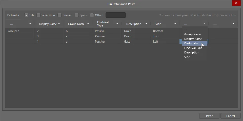 The Pin Data Smart Paste dialog The Pin Data Smart Paste dialog