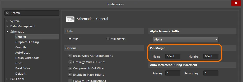 Set the distance of the pin text (Pin Margin) in the Preferences dialog. Set the distance of the pin text (Pin Margin) in the Preferences dialog.