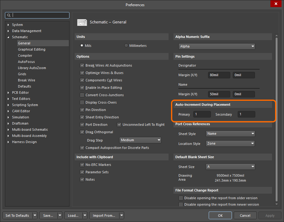 Use the Schematic - General page of the Preferences dialog to define auto-increment behavior.