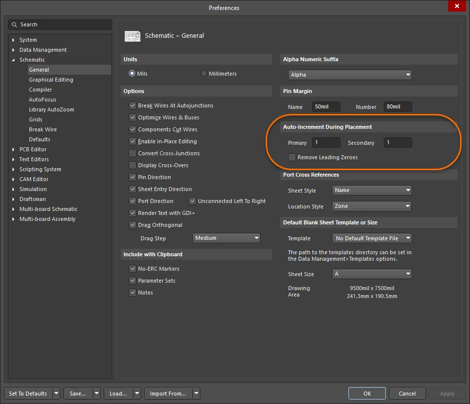 Use the Schematic - General page of the Preferences dialog to define auto-increment behavior. Use the Schematic - General page of the Preferences dialog to define auto-increment behavior.
