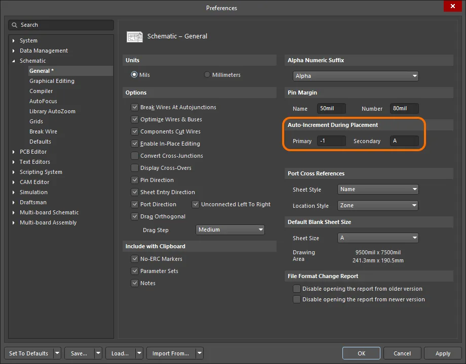 Configure the Auto-Increment During Placement settings on the Schematic – General page of the Preferences dialog. Configure the Auto-Increment During Placement settings on the Schematic – General page of the Preferences dialog.