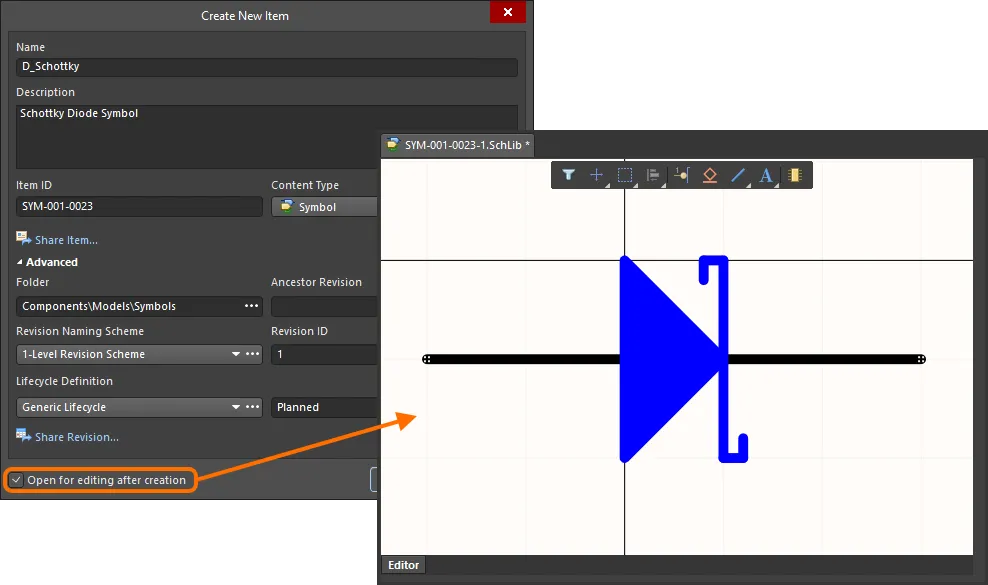 Example of editing the initial revision of a Workspace Symbol – the temporary schematic symbol editor provides the document with which to define your schematic symbol. Example of editing the initial revision of a Workspace Symbol – the temporary schematic symbol editor provides the document with which to define your schematic symbol.