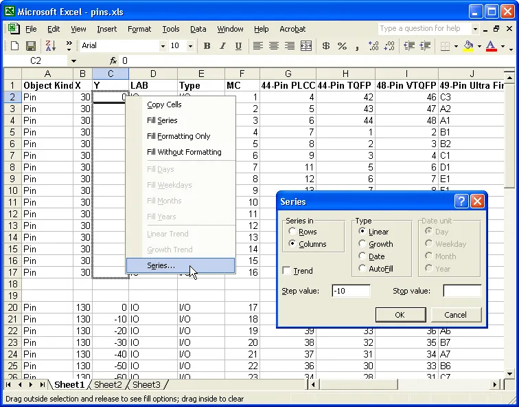 Use the tools in the spreadsheet to add suitable X and Y coordinates for the pins. Use the tools in the spreadsheet to add suitable X and Y coordinates for the pins.