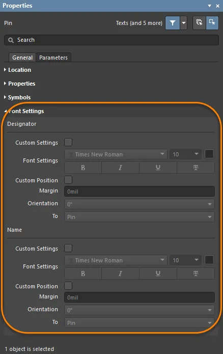 The font and location of the pin Designator (number) and Name can be modified for individual pins if required. The font and location of the pin Designator (number) and Name can be modified for individual pins if required.