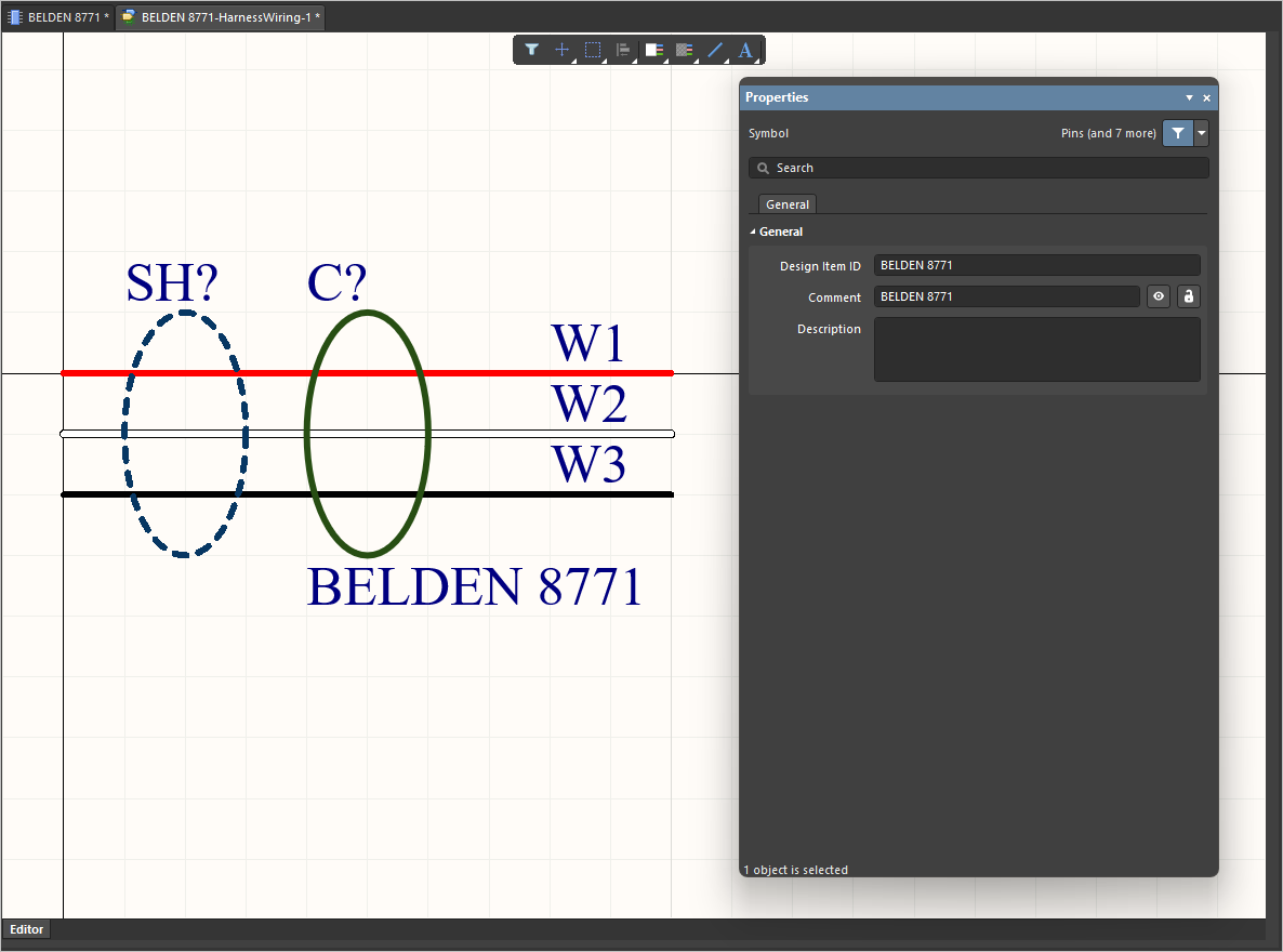 An example harness wiring model defined in the temporary editor An example harness wiring model defined in the temporary editor