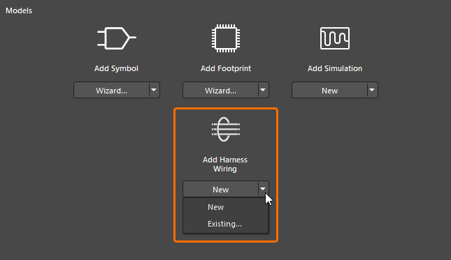 Create a new harness wiring model or add an existing one. Create a new harness wiring model or add an existing one.