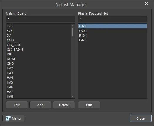 The Netlist Manager dialog