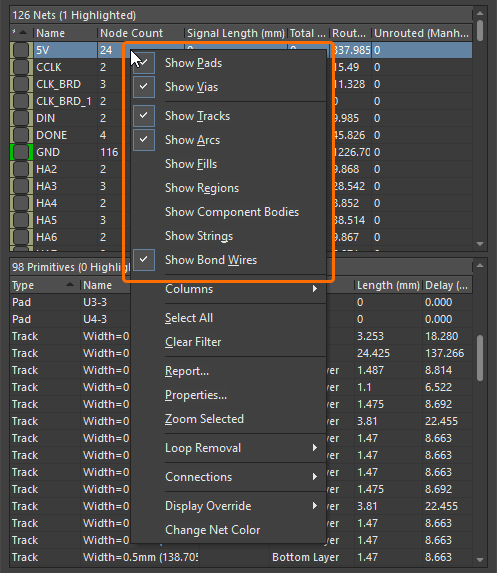 Right-click on a net or net item entry to select the included items.