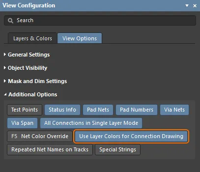 Connection lines can be displayed using their start-and-end layer colors. In the image on the right, a number of nets have had routing segments removed to show how the connection lines display.