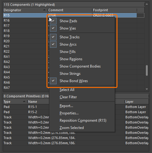 Right-click on a component or component primitive entry to select the items to include.