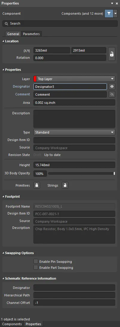 The Component mode of the Properties panel. The Component mode of the Properties panel.